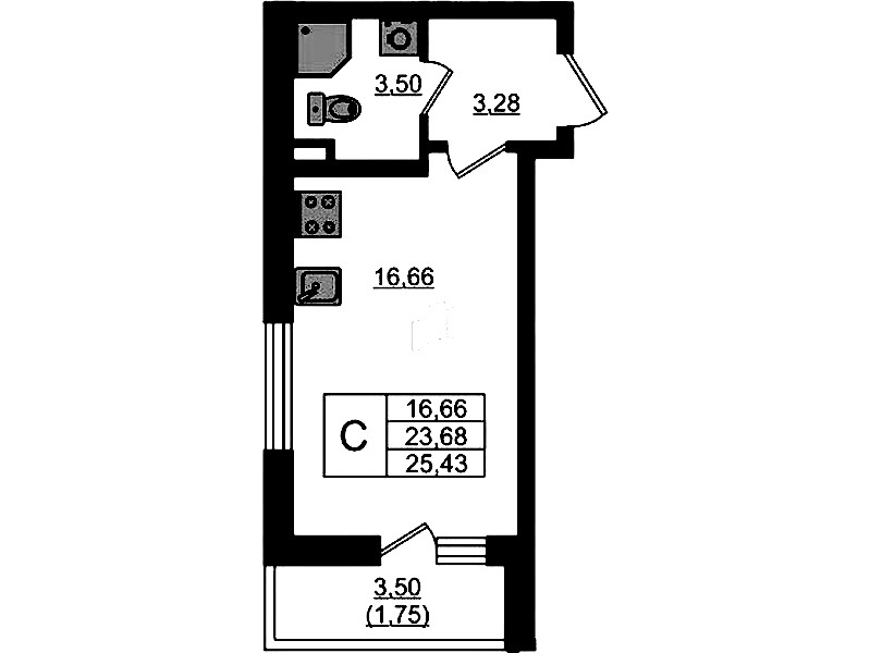 Квартира студия 25.43 м², 1/4 эт., ЖК «Новая история»